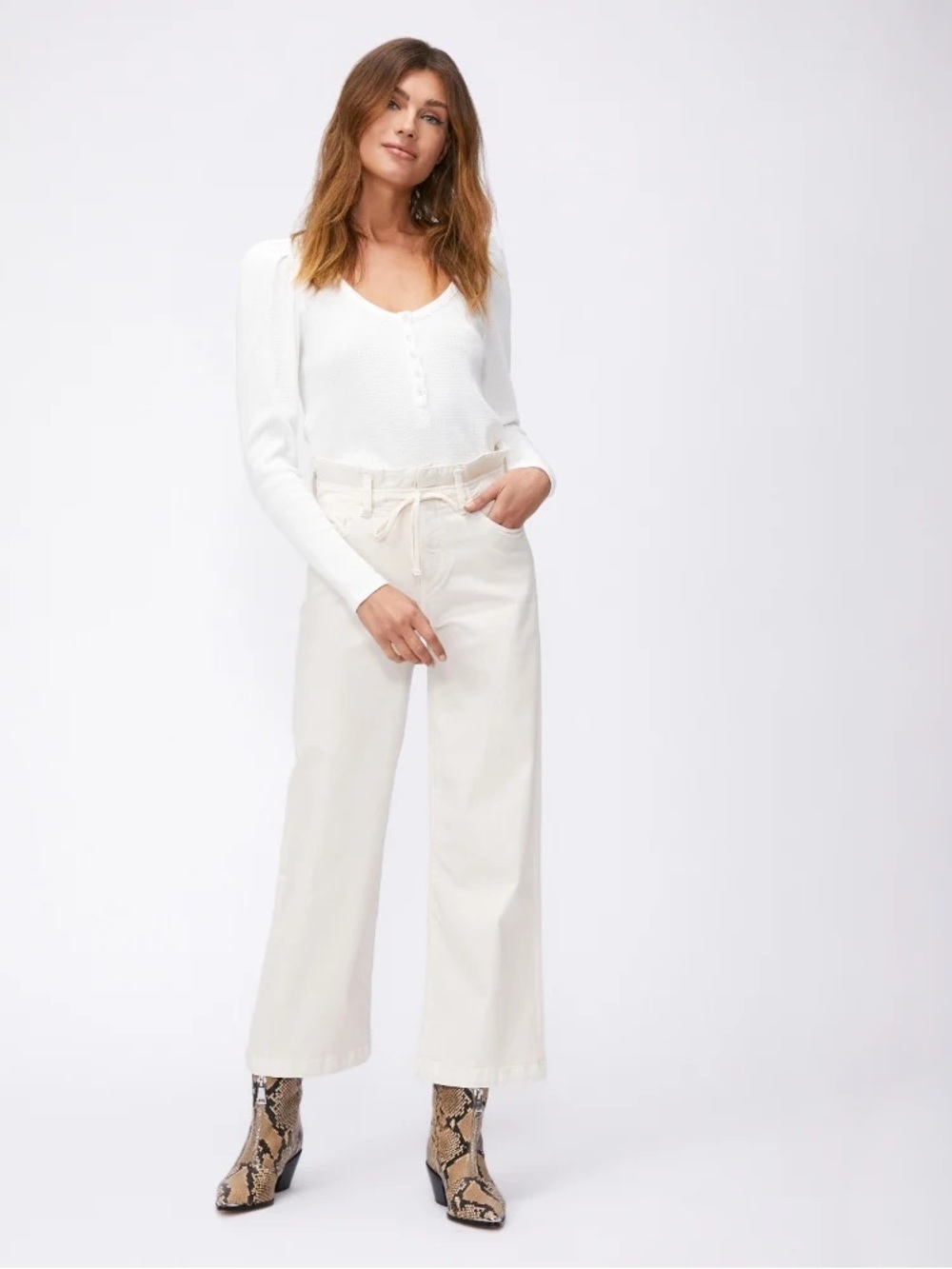 PAIGE Ivory High-Rise Wide Leg Drawstring Pants